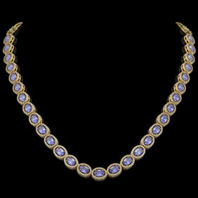 31.96 ctw Tanzanite & Diamond Micro Pave Halo Necklace 10k Yellow Gold