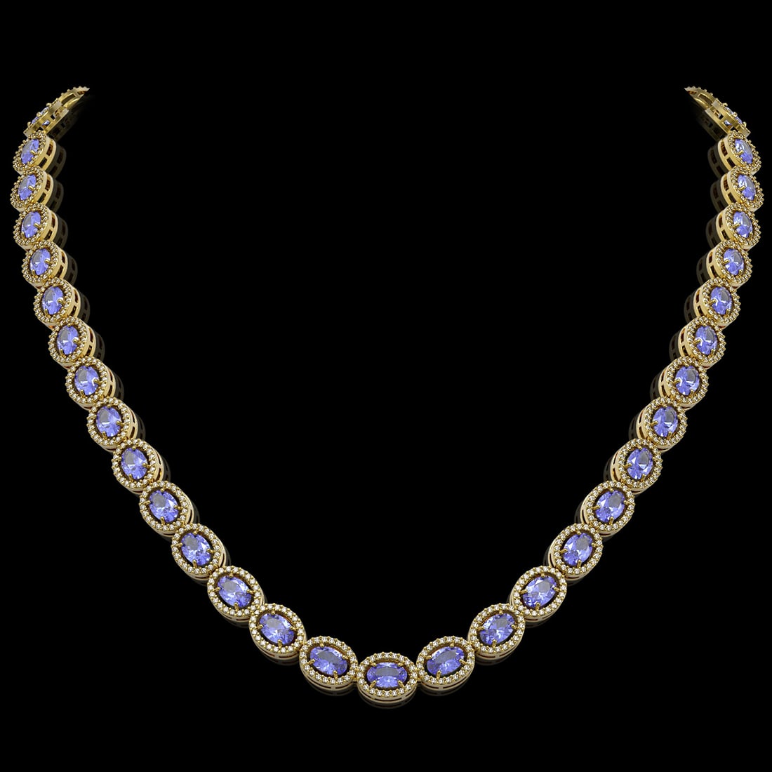 31.96 ctw Tanzanite & Diamond Micro Pave Halo Necklace 10k Yellow Gold