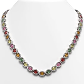 31.96 ctw Multi Color Sapphire & Diamond Micro Pave Necklace 10k White Gold