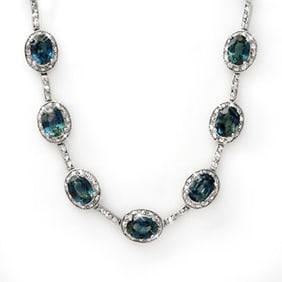 31.0 ctw Blue Sapphire & Diamond Necklace 10k White Gold