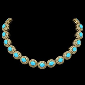 86.75 ctw Turquoise & Diamond Victorian Necklace 14K Yellow Gold