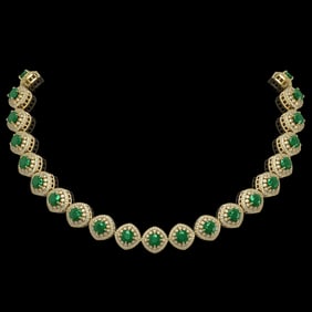 82.17 ctw Emerald & Diamond Victorian Necklace 14K Yellow Gold