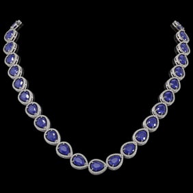 64.01 ctw Sapphire & Diamond Micro Pave Halo Necklace 10k White Gold