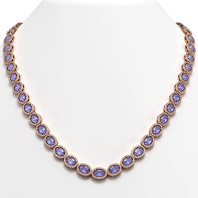 31.96 ctw Tanzanite & Diamond Micro Pave Halo Necklace 10k Rose Gold