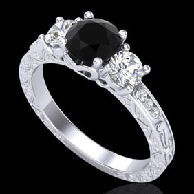 1.41 ctw Fancy Black Diamond Art Deco 3 Stone Ring 18k White Gold