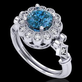 1.2 ctw Intense Blue Diamond Engagment Art Deco Ring 18k White Gold