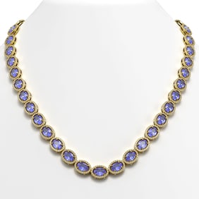 48.65 ctw Tanzanite & Diamond Micro Pave Halo Necklace 10k Yellow Gold