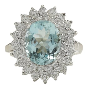 Natural Aquamarine Diamond Ring In 14K