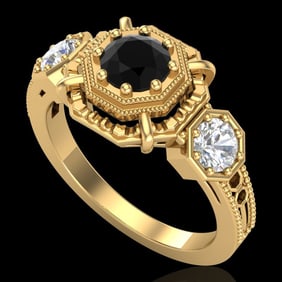1.01 ctw Fancy Black Diamond Art Deco 3 Stone Ring 18k Yellow Gold