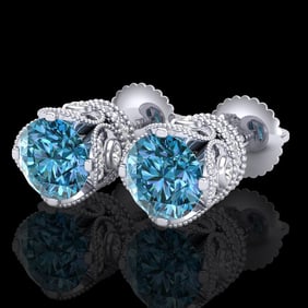 3 ctw Fancy Intense Blue Diamond Art Deco Earrings 18k White Gold