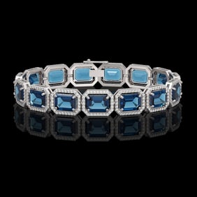 35.61 ctw London Topaz & Diamond Micro Pave Halo Bracelet 10k White Gold