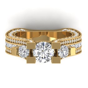5.5 ctw VS/SI Diamond Art Deco 3 Stone Micro Ring 14k Yellow Gold