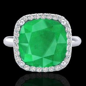 6 ctw Emerald & Micro Pave Halo VS/SI Diamond Ring 18k White Gold