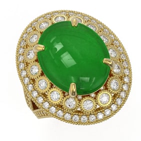 9.27 ctw Jade & Diamond Victorian Ring 14K Yellow Gold
