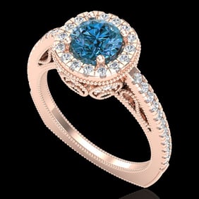 1.55 ctw Fancy Intense Blue Diamond Art Deco Ring 18k Rose Gold