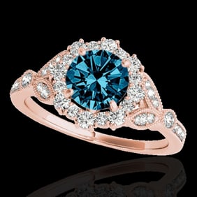 1.5 ctw SI Certified Fancy Blue Diamond Solitaire Halo Ring 10k Rose Gold