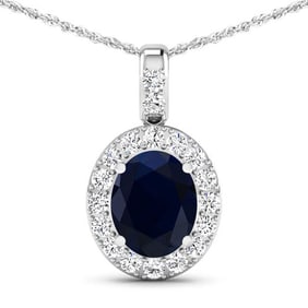 3.64 CT Genuine Blue Sapphire and White Diamond 14K White Gold Pendant