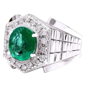 Men's Emerald Diamond Ring In 18K Solid White Gold