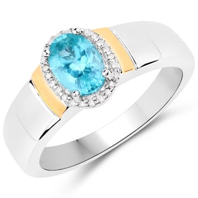 0.88 CT Genuine Apatite and White Diamond 14K White Gold Ring