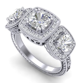 2.75 ctw Cushion VS/SI Diamond Art Deco 3 Stone Ring 18k White Gold