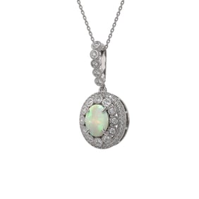 3.9 ctw Certified Opal & Diamond Victorian Necklace 14K White Gold