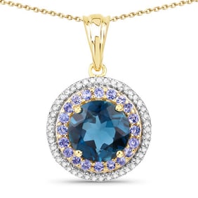 5.10 CT Genuine London Blue Topaz, Tanzanite and White Topaz 14K White Gold Pendant
