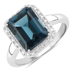 3.86 CT Genuine London Blue Topaz and White Diamond 14K White Gold Ring