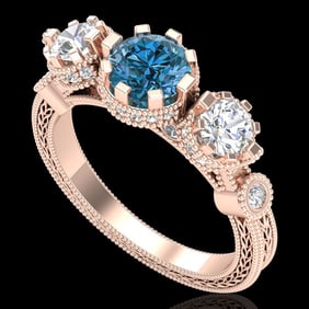 1.75 ctw Intense Blue Diamond Art Deco 3 Stone Ring 18k Rose Gold