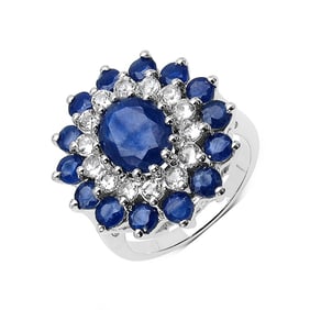5.25 CT Glass Filled Sapphire and White Topaz 14K White Gold Ring