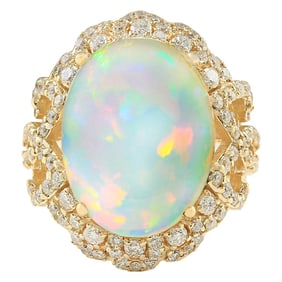 Opal Diamond Ring In 14K Yellow Gold