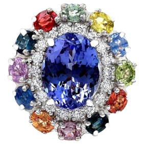 Natural Tanzanite, Sapphire Diamond Ring In 14K Solid White Gold