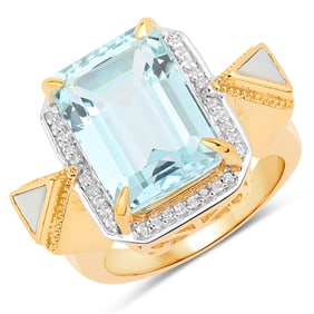 9.98 CT Genuine Blue Topaz, Mother Of Pearl and White Topaz 14K White Gold Ring