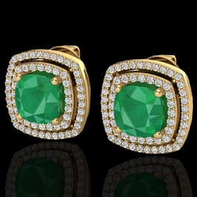4.95 ctw Emerald & Micro Pave VS/SI Diamond Earrings 18k Yellow Gold