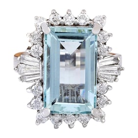 Aquamarine Diamond Ring In 14K Solid White Gold