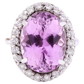 Natural Kunzite Diamond Ring In 18K Solid White Gold