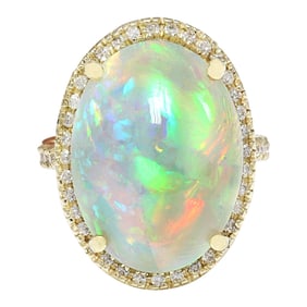 Opal Diamond Ring In 14K Solid Yellow Gold