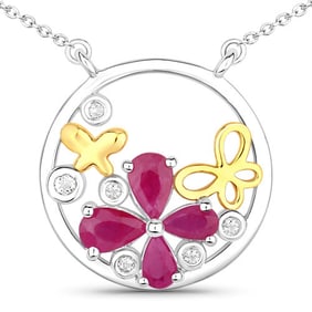 1.47 CT Genuine Ruby and White Topaz 14K White Gold Pendant