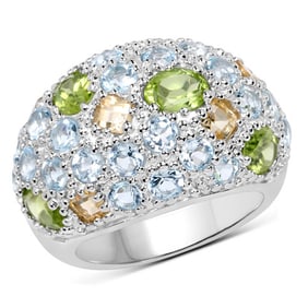 11.38 CT Genuine Peridot, Citrine and Blue Topaz 14K White Gold Ring