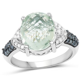 4.24 CT Genuine Green Amethyst, Green Diamond & White Diamond 14K White Gold Ring