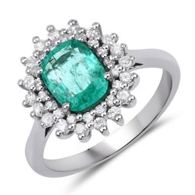 1.90 CT Genuine Emerald and White Diamond 14K White Gold Ring