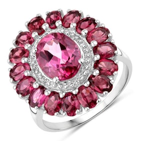 5.460 CT Genuine Pink Topaz and Rhodolite Garnet 14K White Gold Ring