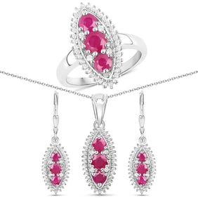 4.32 CT Genuine Ruby and White Topaz 14K White Gold 3 Piece Jewelry Set (Ring, Earrings, and Pendant