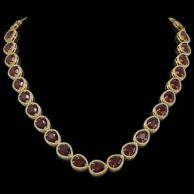 36.8 ctw Garnet & Diamond Micro Pave Halo Necklace 10k Yellow Gold