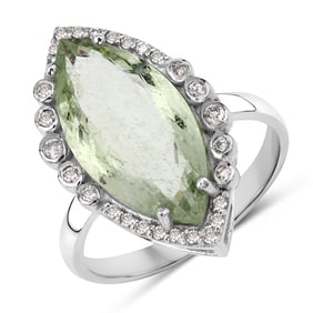 Green Aqua Ring, Natural Green Aqua with Diamond Halo 14K White Gold Ring, Statement Ring,