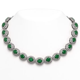 111.75 ctw Emerald & Diamond Victorian Necklace 14K White Gold