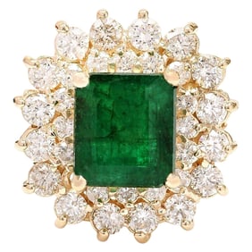 Natural Emerald Diamond Ring In 18K Solid Yellow Gold
