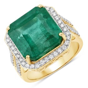 IGI Certified 13.06 CT Genuine Zambian Emerald and White Diamond 14K Yellow Gold Ring
