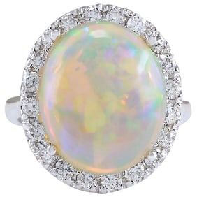 Exquisite Natural Opal Diamond Ring In 18K White Gold