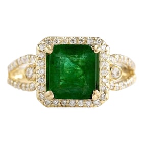 Natural Emerald 18K Yellow Gold Diamond Ring