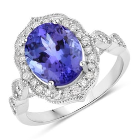 3.85 CT Genuine Tanzanite and White Diamond 14K White Gold Ring